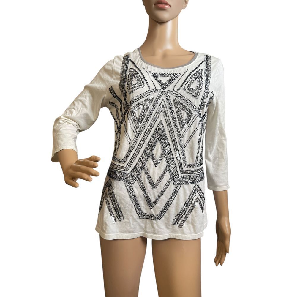 Coldwater Creek Cream Geometric Beaded Sequined Top‎ Art Deco  3/4 Sleeve Tee XS